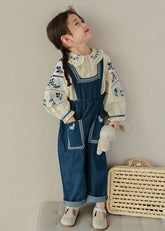 Conjunto de dos piezas para niña con camisa bordada con volantes y pantalones vaqueros, otoño